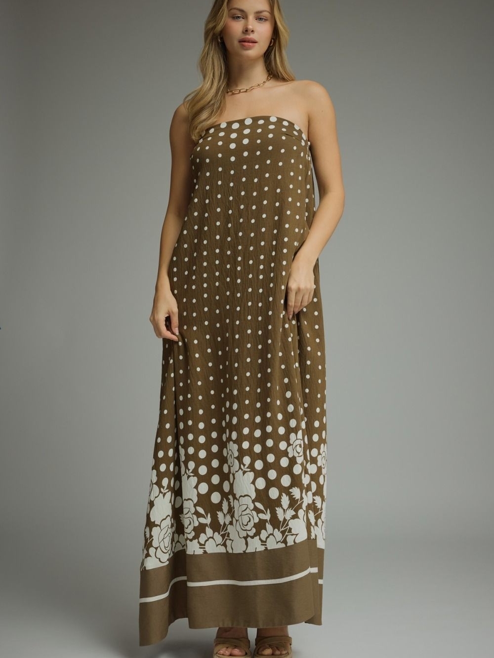 entro Olive & White Strapless Polka Dot Floral Maxi Dress